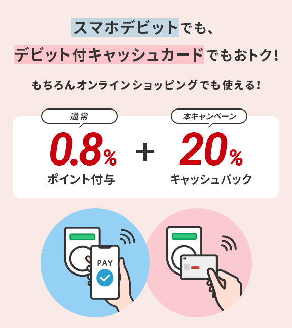 スマホデビットでも、デビット付キャッシュカードでもおトク！もちろんオンラインショッピングでも使える！通常0.8%ポイント付与プラス本キャンペーン20%キャッシュバック