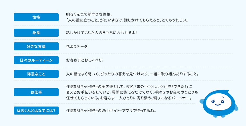 1.性格：明るく元気で前向きな性格。「人の役に立つこと」がだいすきで、話しかけてもらえると、とてもうれしい。　2.身長：話しかけてくれた人のきもちに合わせるよ！　3.好きな言葉：花よりデータ　4.日々のルーティーン：お客さんとおしゃべり。　5.得意なこと：人の話をよく聞いて、ぴったりの答えを見つけたり、一緒に取り組んだりすること。 6.お仕事：住信SBIネット銀行の案内役として、お客さまの「どうしよう？」を「できた！」に変えるお手伝いをしている。質問に答えるだけでなく、手続きやお金のやりとりも任せてもらっている。 お客さま一人ひとりに寄り添う、頼りになるパートナー。　7.ねおくんとはなすには？：住信SBIネット銀行のWebサイト・アプリで待ってるね。