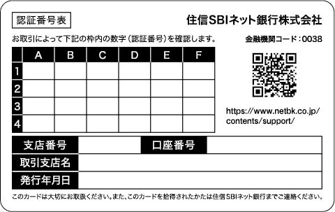 認証番号カード 裏面の写真